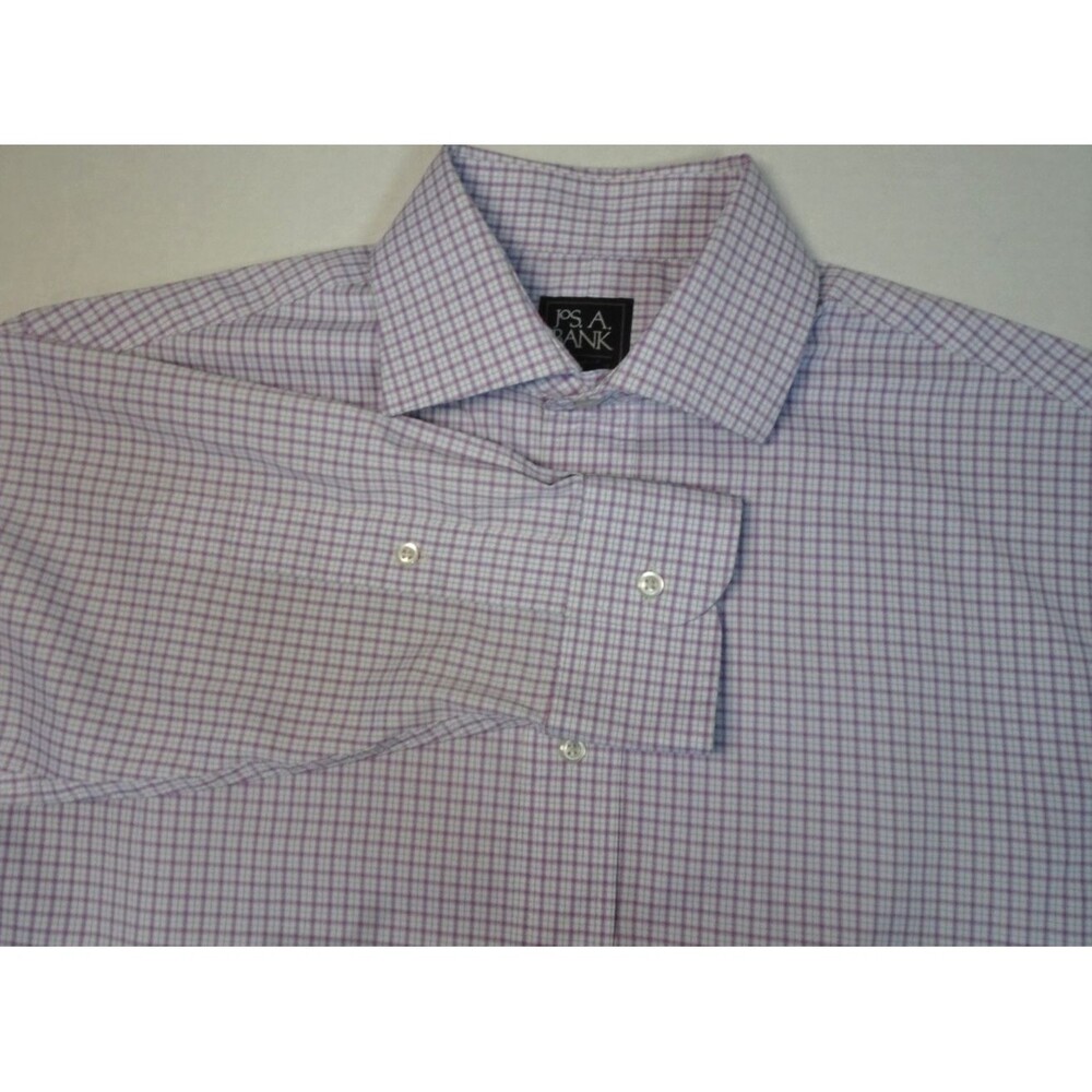 Jos. A. Bank Traveler Shirt Mens 15x34 Pink Plaid Tailored Fit Long Sleeve